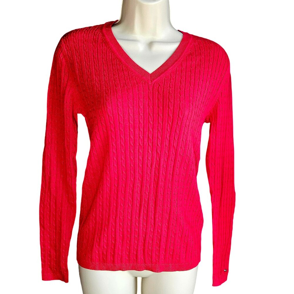Tommy Hilfiger Women's Cotton Cable Ivy V-Neck Red Sweater, Lightweight, NWT, XS